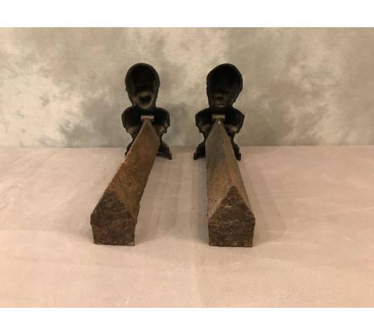 Pair of vintage old iron chenets 19 th