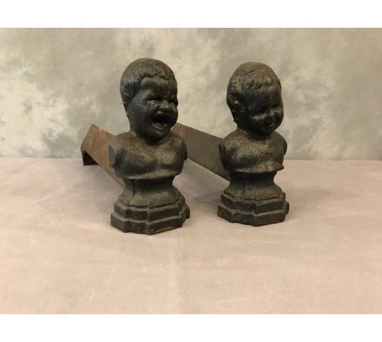 Pair of vintage old iron chenets 19 th