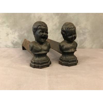 Pair of vintage old iron chenets 19 th