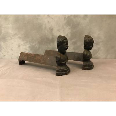 Pair of vintage old iron chenets 19 th