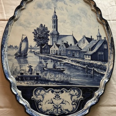 Beautiful large decorative plate in earthenware of epoch 19th painting