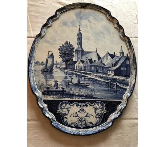 Beautiful large decorative plate in earthenware of epoch 19th painting