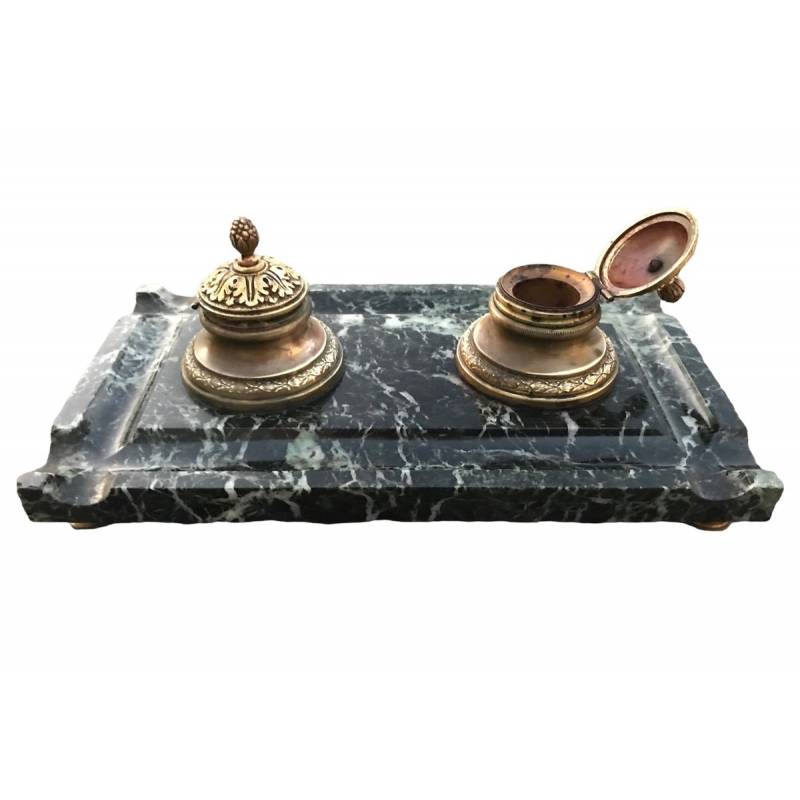 Bronze encrier on vintage green marble 19 th