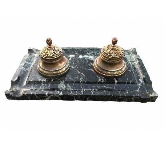 Bronze encrier on vintage green marble 19 th