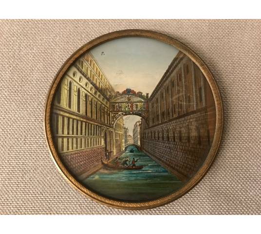 Joli cadre miniature églomisé avec un décor du pont des Soupirs d'époque 18ème